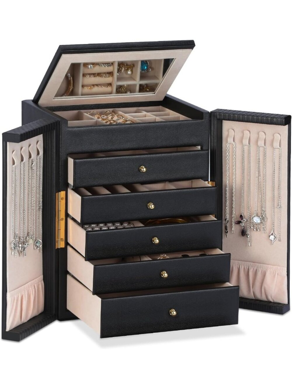 Stylish Large Jewelry Organizer Box with 6 Tiers & Mirror, Perfect Gift for